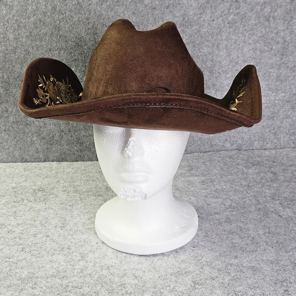 Brown Faux Suede Cowboy Hat Gold Floral Embroidery Turquoise Beaded Band Western